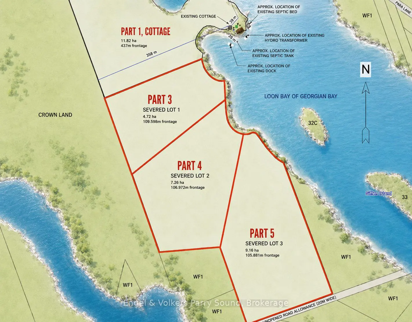 Real estate map showing five lots outlined in red, near Loon Bay of Georgian Bay. The lots are labeled Part 1, 3, 4, and 5.
