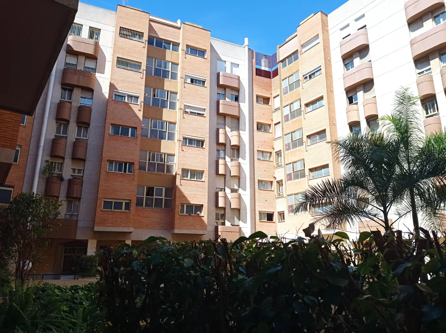 View of a multi-story brick apartment building with balconies, seen from a garden with green bushes and a palm tree.