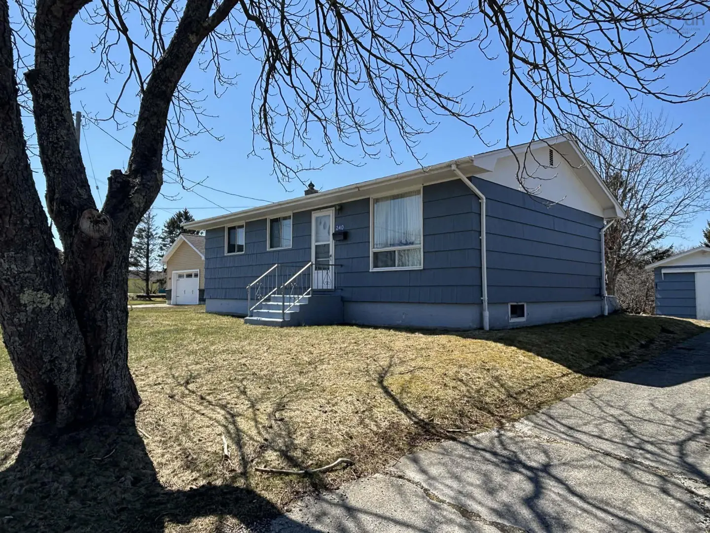 A blue, one-story house with white trim and a small front yard. A large tree is on the left side of the image.