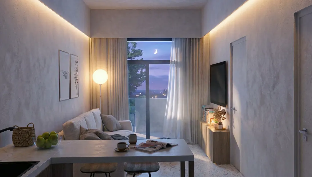 Cozy apartment interior with a sofa, table, and TV. A balcony offers a view of the night sky with a crescent moon.