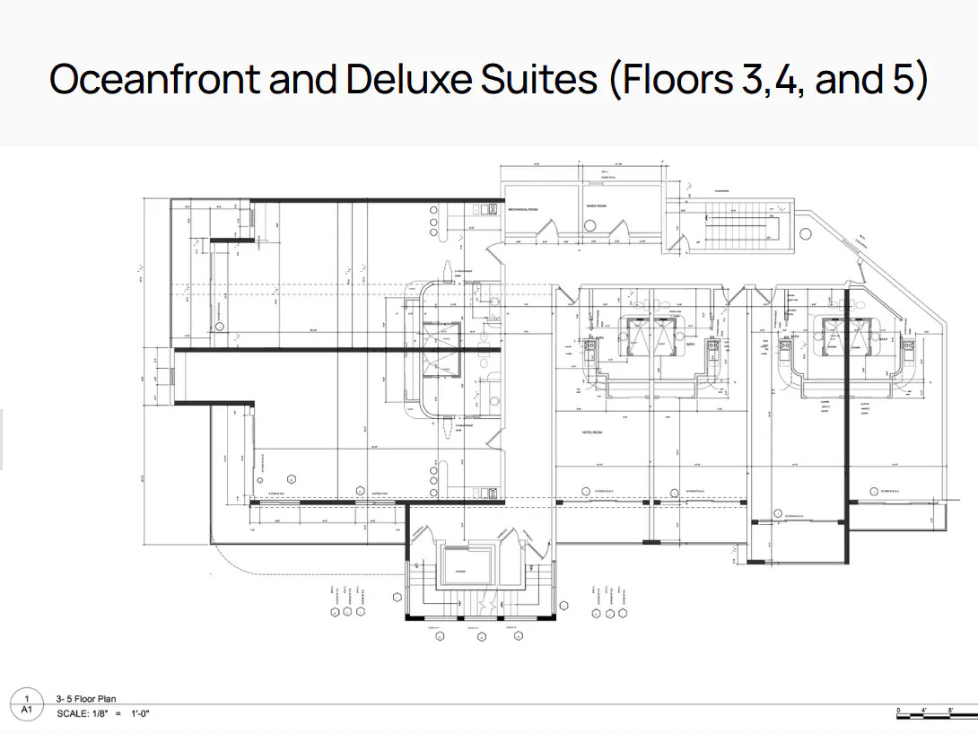 Architectural floor plan for oceanfront deluxe suites on floors 3, 4, and 5. Black lines show room layouts, including bedrooms, bathrooms, and living areas.