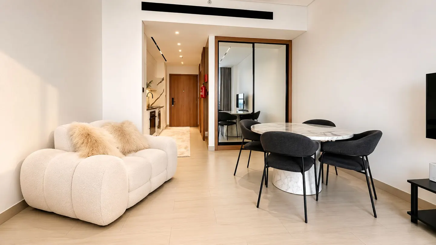 Modern apartment interior with a white textured sofa, marble dining table, four dark chairs, and a view into the hallway.