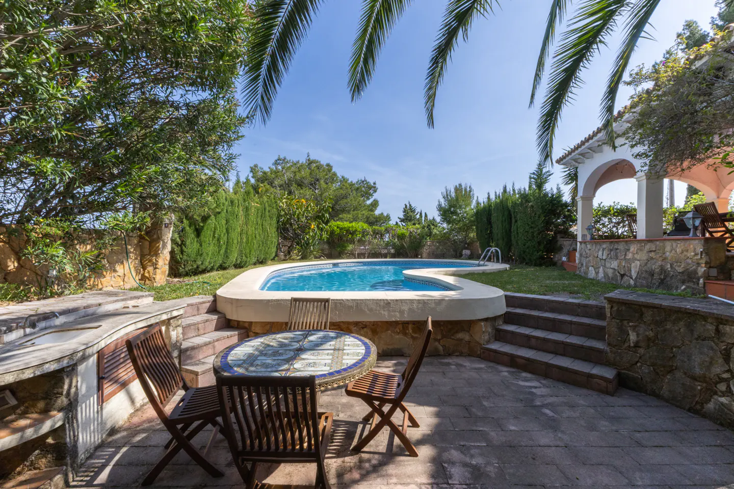 Outdoor patio with a blue tiled table and chairs, a pool, and lush green trees on a sunny day.