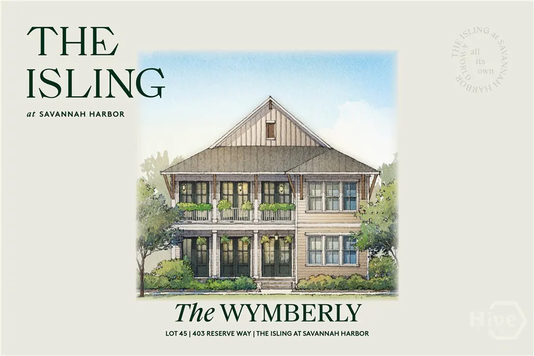 Watercolor rendering of "The Wymberly" house plan at The Isling, Savannah Harbor. Two-story home with balconies and green trim.