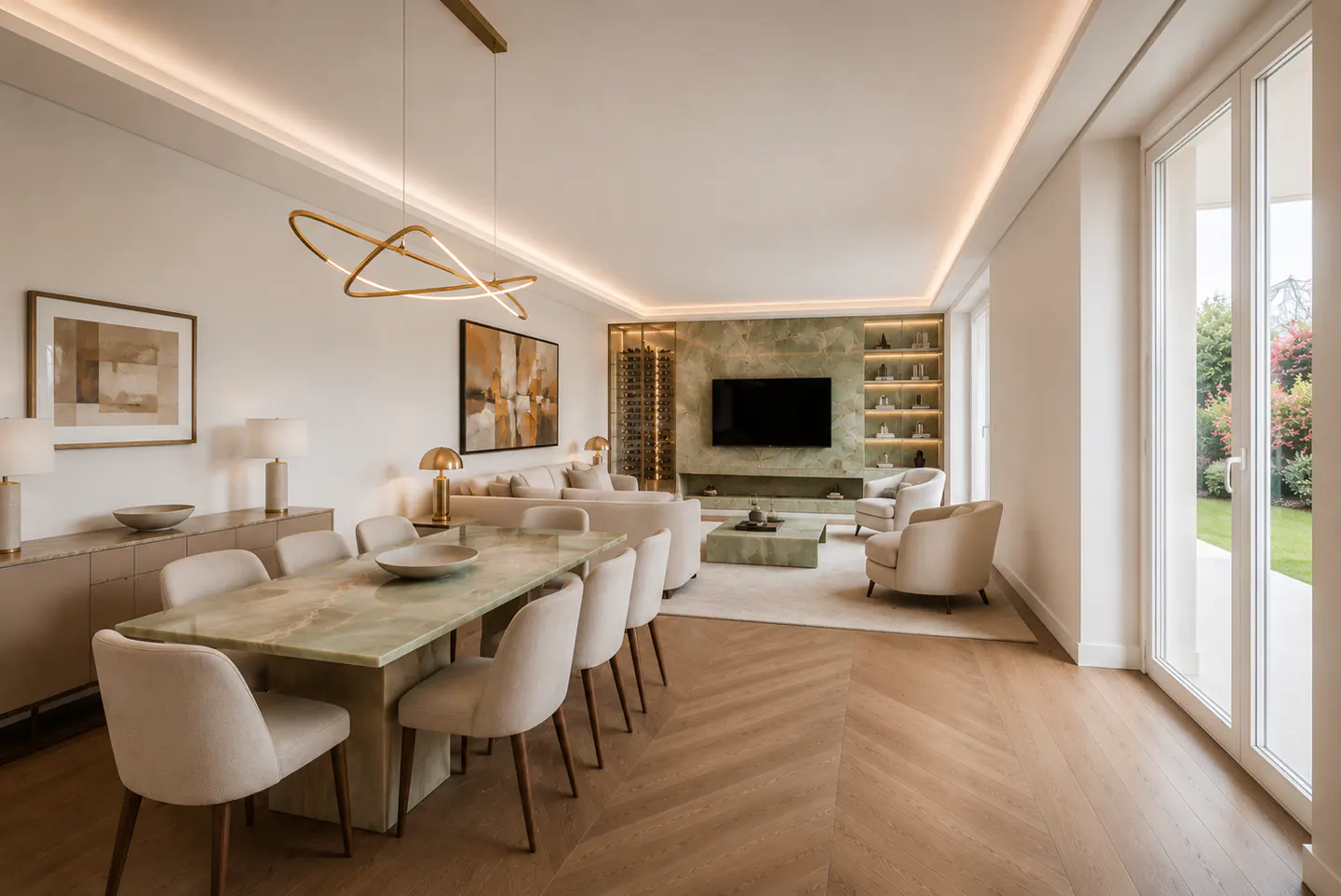Modern open-plan living and dining room with a green marble table, cream chairs, herringbone floors, and a TV wall.