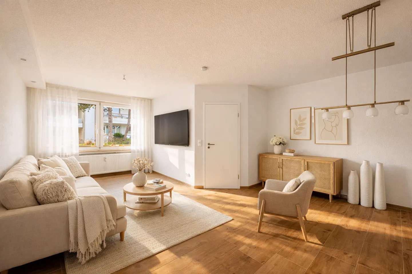 Bright living room with a beige sofa, wood floors, and white walls. A TV hangs above a door, and a rattan cabinet sits below framed art.