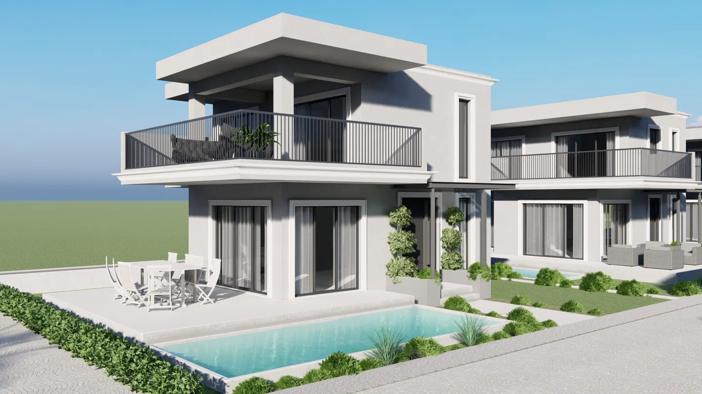 Modern two-story gray villa with a private pool, patio dining set, and balcony under a clear blue sky.