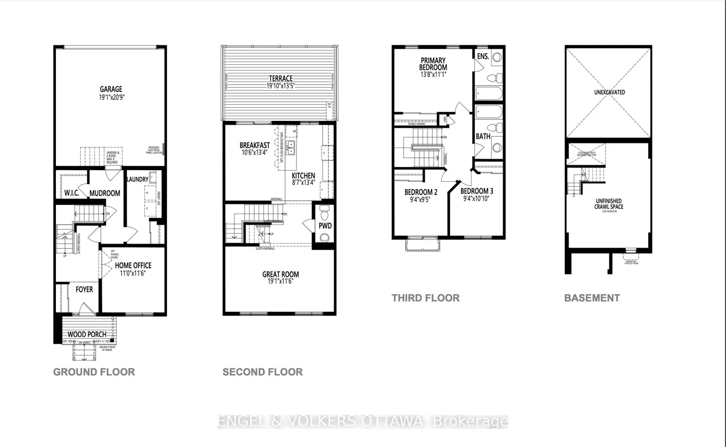 Floor plan of a house with a ground floor, second floor, third floor, and basement, including room dimensions.