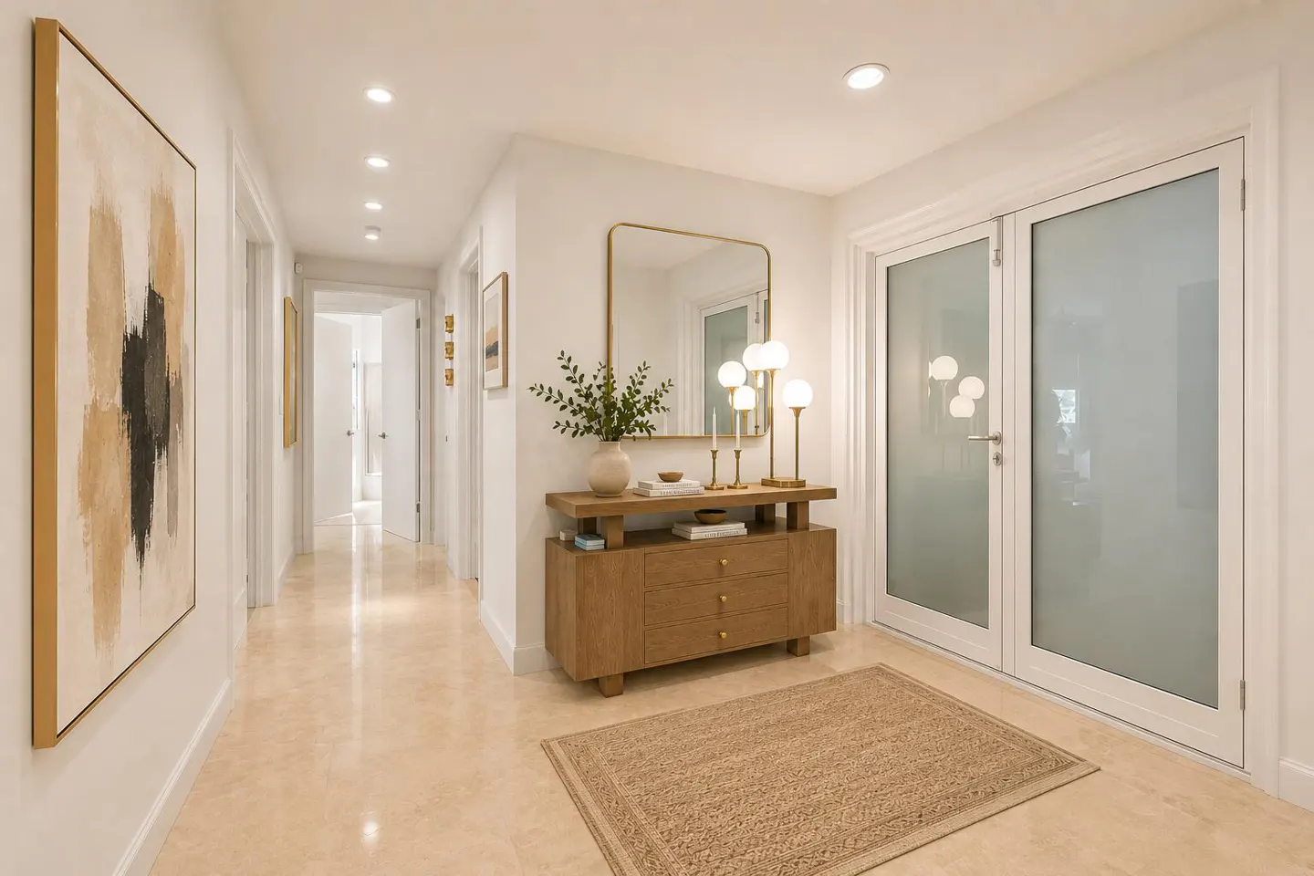 Hallway with beige tile floor, white walls, and recessed lighting. A wood cabinet with a mirror and decor sits near frosted glass doors. An abstract painting hangs on the left wall.