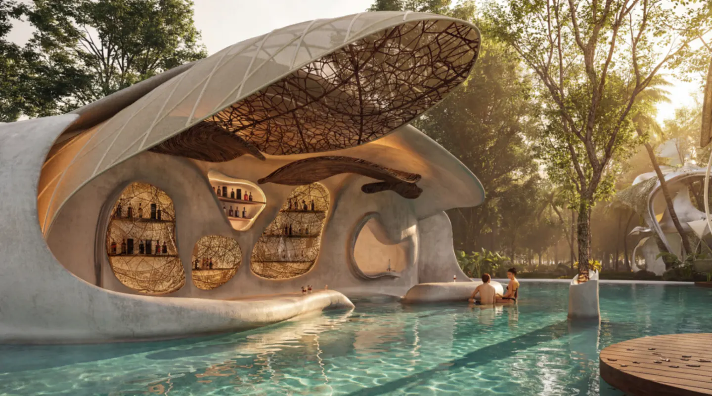 A couple relaxes in a pool at a modern, organic-style swim-up bar with intricate, leaf-like architecture and warm lighting.