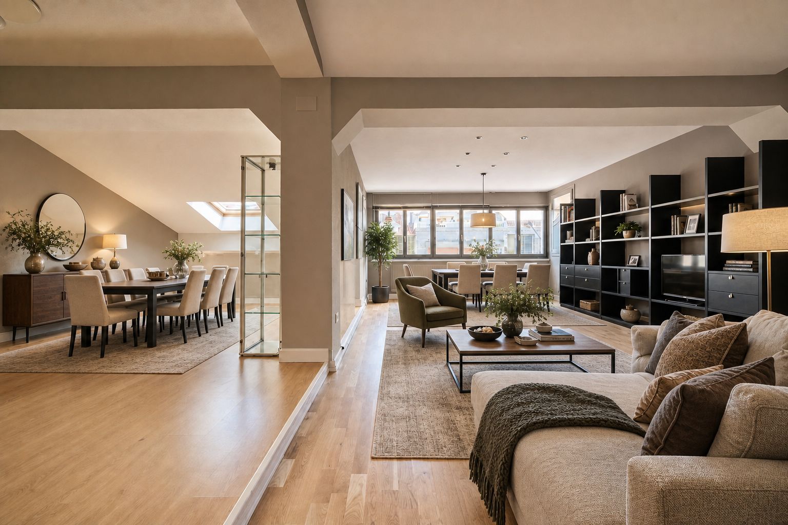 Open-concept living area with a dining room on a raised platform and a cozy lounge with a sofa, armchair, and bookshelves.